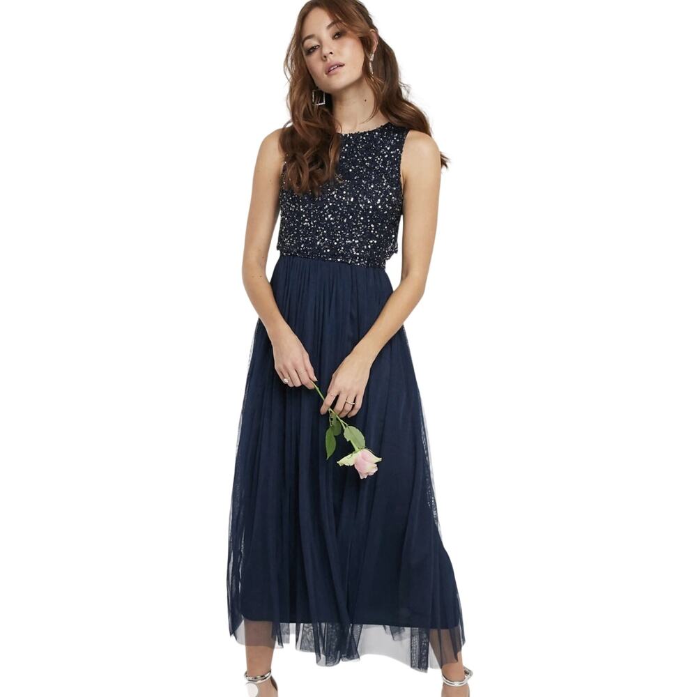 NWT Maya Deluxe Navy Bridesmaid Sleeveless Midi Tulle Dress Sequins 8